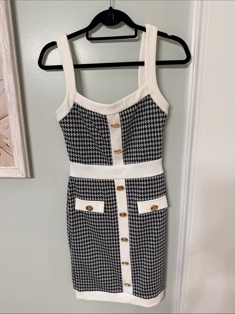 Byegreis Cream-Trim Houndstooth Knit Tank Dress Sz SMALL